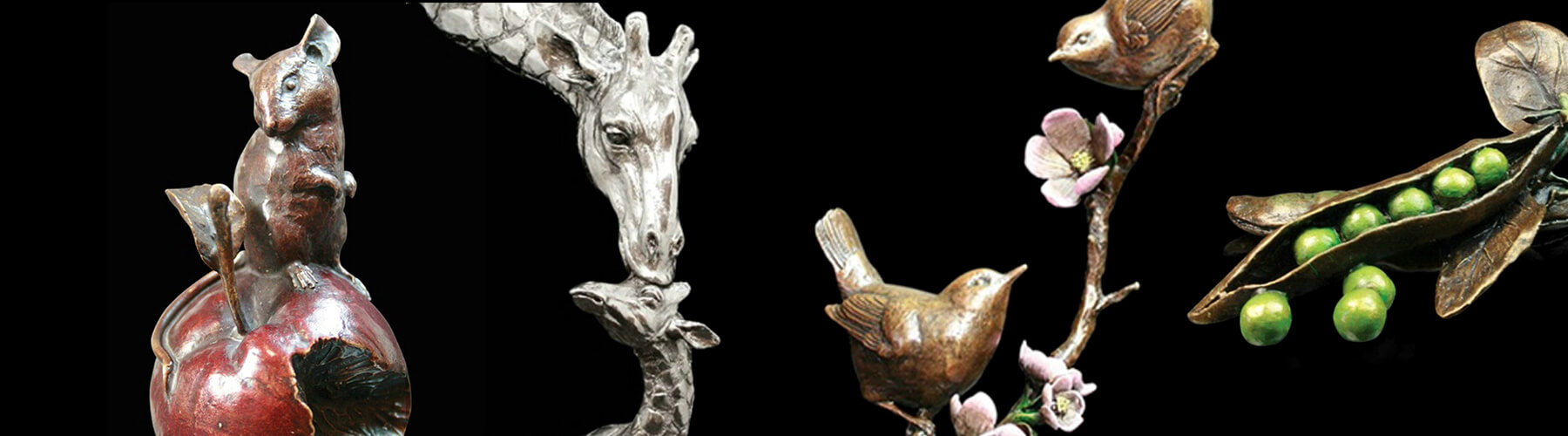 a number of bronze animal sculptures including mouse, giraffe and wrens 